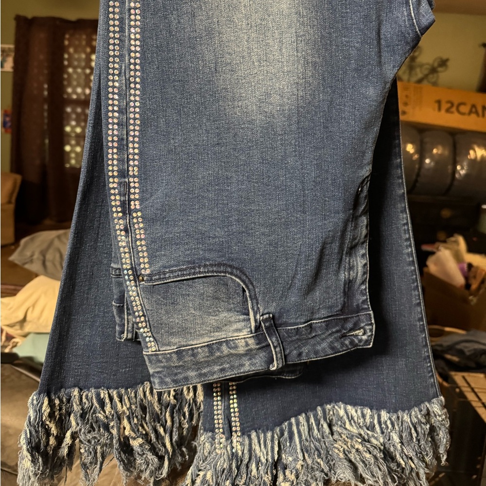 Elegant Rhinestone Embellished Blue Flare Jeans